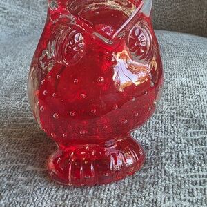 Lefton Vintage Red Art Glass Owl Figurine/Paperweight with Controlled Bubbles
